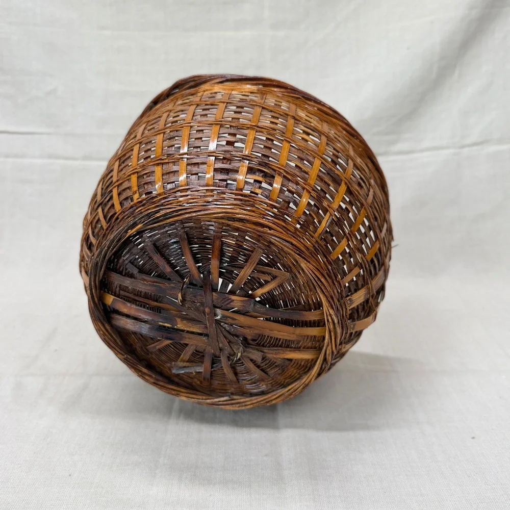 Vintage Woven Bamboo Gathering Basket with Handle Brown Rustic Farmhouse Decor